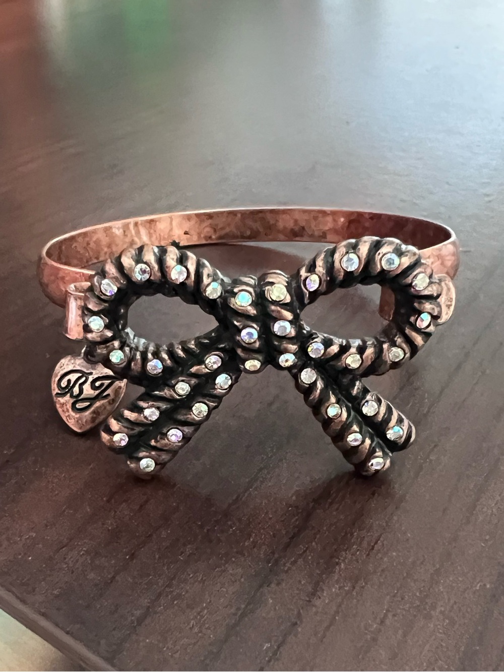 Vintage Betsey Johnson Copper Bow Cuff Bracelet with Rhinestones & BJ Charm